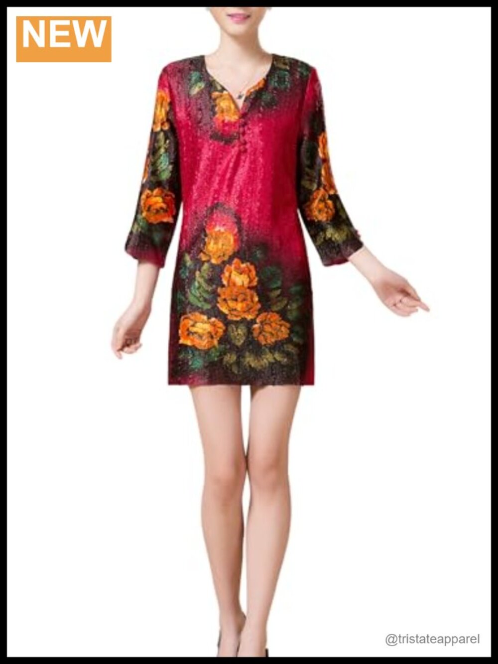 Chinese Peony Print Crinkle Blouse with V-Keyhole Neck & Pan Kou Buttons